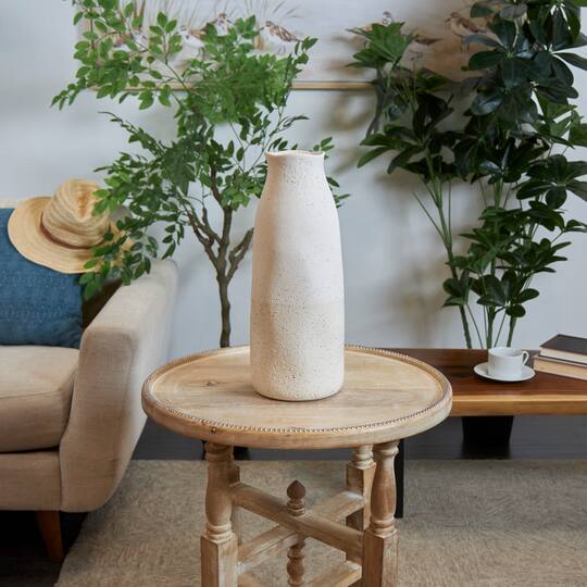 16" Cream Ceramic Abstract Wavy Vase with Textured Speckled Detailing